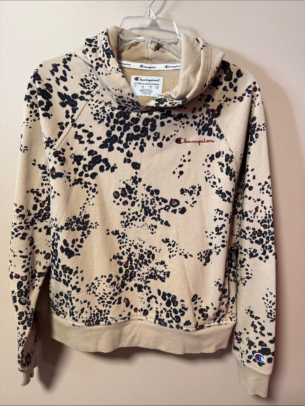 Champion Beige Leopard-Print Hoodie with Embroidered Logo